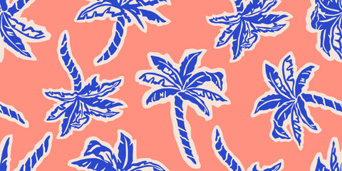 Tropical pattern with hand drawn palm trees. Hawaiian summer background for fabric, textiles, clothing, poster, cover, decoration, banner, wallpaper, interior decor. Vector illustration.