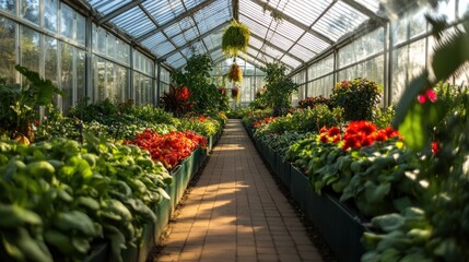 Serene Greenhouse Pathway: A Botanical Garden Oasis