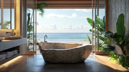 Luxury Beachfront Bathroom with Stone Tub