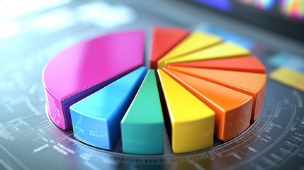 Fototapeta premium A colorful pie chart with different sections in vibrant hues, displayed on a computer screen in a modern workspace, symbolizing data analysis and presentation.