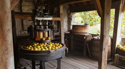 Vintage Apple Pressing Machine in Rustic Orchard
