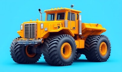 Fototapeta premium Yellow monster truck, studio shot, blue background, construction
