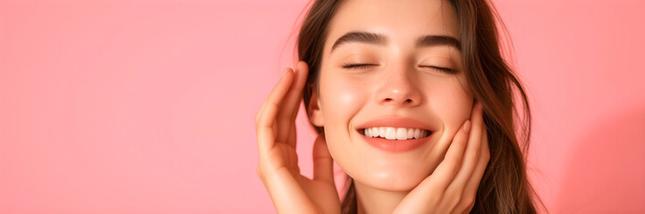 Fototapeta premium Beautiful happy young woman enjoy sunshine on her perfect skin face. Background for cosmetic presentation 