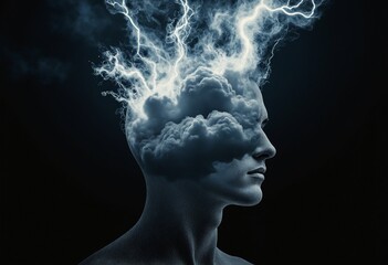 Human head with storm inside as negative space. Concept of stress and overthinking