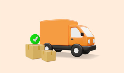 3D vector render illustration of delivery truck icon with parcel box and green check mark successful delivery Deliver parcels to their destination correctly and on time. For logistics, e-commerce