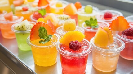 A creative display of assorted jelly desserts in small cups, garnished with fresh fruit slices and mint leaves, perfect for a summer treat.