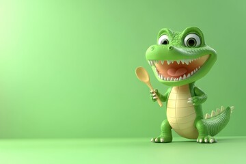 Fototapeta premium A cheerful green crocodile toy holding a spoon against a vibrant green background.