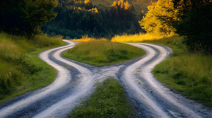 Fototapeta premium Forked Dirt Path in a Scenic Countryside with Green Grass and Sunlit Trees, Representing Decision Making or Choices. Generative AI