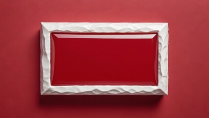 Red glass rectangle in textured white frame on red background, bold and modern