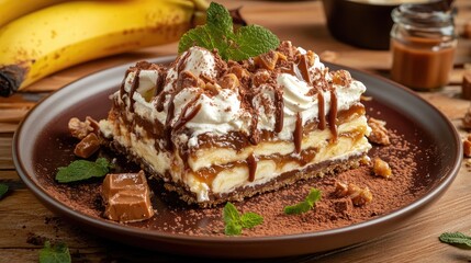 A decadent slice of banoffee pie showcasing layers of banana, toffee, and whipped cream, beautifully plated on a rustic wooden table.