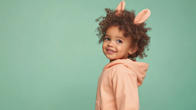 Candid side profile of joyful Brazilian 3-year-old with bunny ears hoodie on soft green for Easter celebration