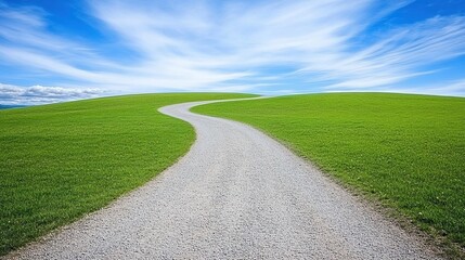 Winding path through green hills under blue sky