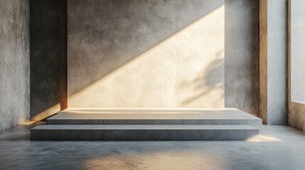 A simple, grey podium with a smooth surface and sharp lines, set in a spacious room