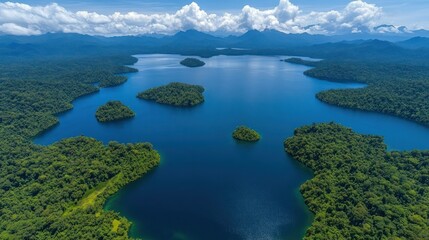 Aerial view Tropical lake, islands, rainforest