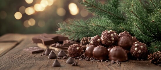 Delicious chocolate puffs with white sprinkles on wooden table beside lush green pine tree branches and chocolate pieces with warm bokeh background