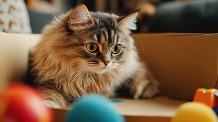 A fluffy cat playfully batting at the flaps of a cardboard box, surrounded by colorful toys, capturing the essence of fun and feline curiosity.