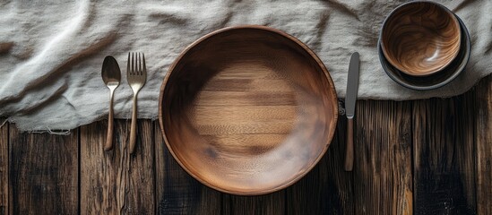 Cozy dining setup featuring a large wooden plate centered on a rustic wooden table with a soft cloth, spoon, fork, and a small bowl nearby.