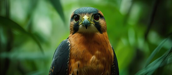 Vibrant close-up of a colorful bird with orange and blue plumage against a lush green background, showcasing intricate details and sharp eyes.