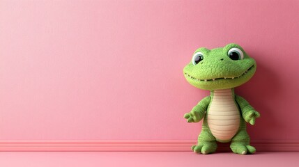 Fototapeta premium A cute green toy frog stands against a pink wall, evoking a playful and cheerful atmosphere.