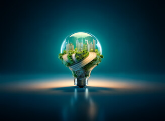 Glowing lightbulb encasing a tiny green city with winding paths, symbolizing innovative and sustainable urban energy solutions for a brighter future.