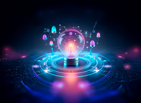 A glowing lightbulb emits bright light, surrounded by digital circles and connected lines on a dark backdrop, creating a futuristic and innovative atmosphere.