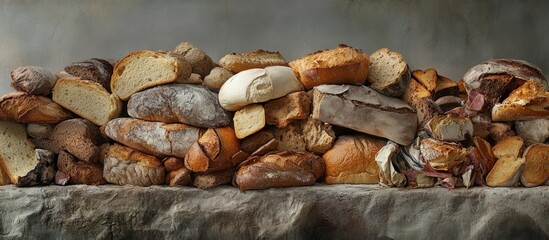 A diverse assortment of stale bread with unique textures and warm colors stacked on a rustic gray stone surface against a softly blurred background.