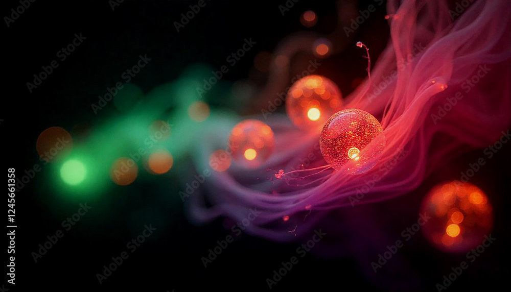 Fototapete vibrant abstract background with glowing orbs of green, purple, and orange lights, blending into a h