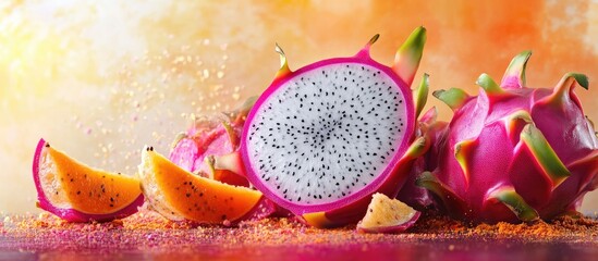 Golden orange powder from dragon fruit enhances tropical meals, featuring vibrant pink fruit slices on a colorful backdrop with splashes of powder.