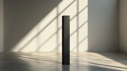 Obraz premium A thin, black podium standing alone, casting a long shadow in a minimalistic, well-lit room 
