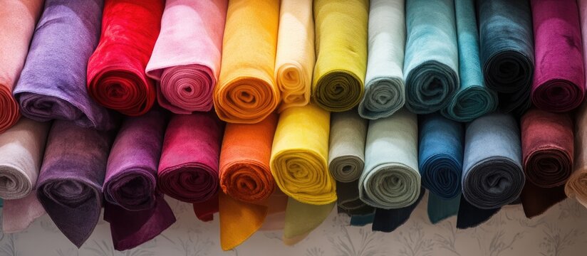 Colorful rolls of fleece fabrics in vibrant hues of red, pink, yellow, blue, and purple arranged neatly showcasing clean textures and vivid designs.