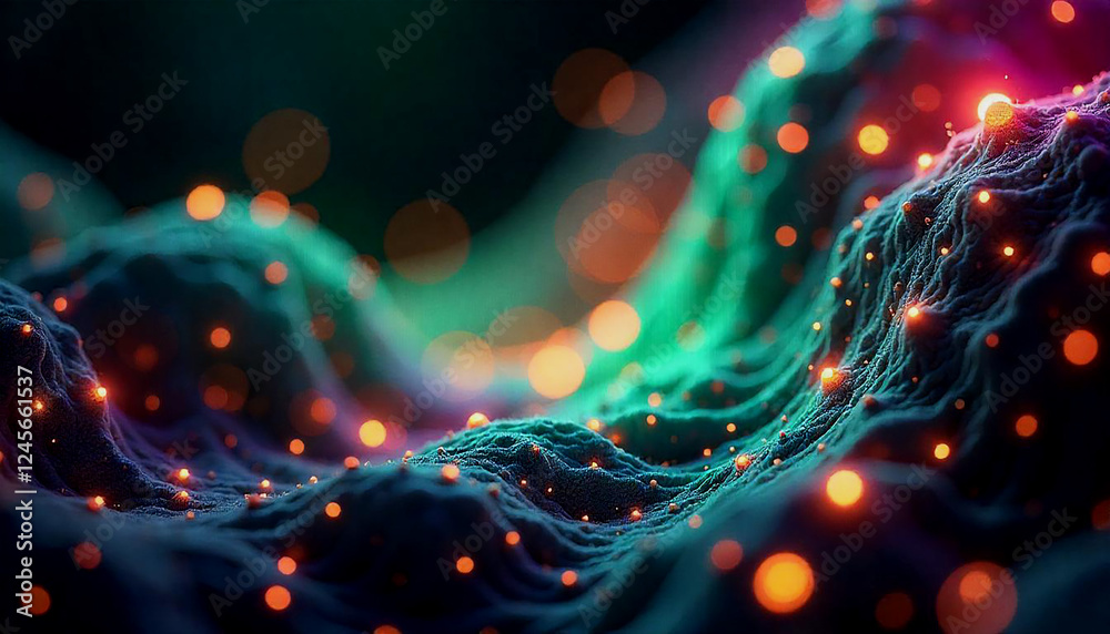 Fototapete vibrant abstract background with glowing orbs of green, purple, and orange lights, blending into a h