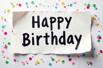 Happy Birthday handwritten on ripped paper with confetti , bright, fun, paper