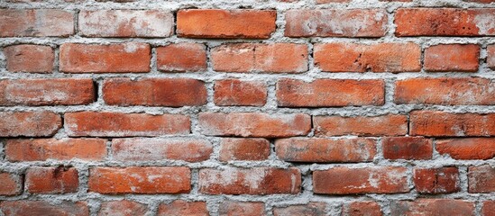 Fototapeta premium Textured red brick wall background with weathered mortar gaps displaying a rustic urban design ideal for architectural or construction themes.