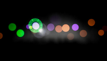 Vibrant abstract background with glowing orbs of green, purple, and orange lights, blending into a harmonious gradient, showcasing a dynamic swirl pattern