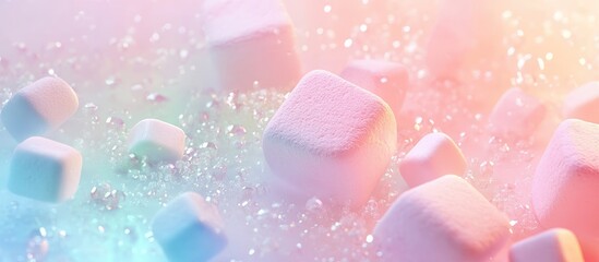 Pastel marshmallows scattered across a soft pink and blue background create a whimsical and charming scene with a dreamy vibe