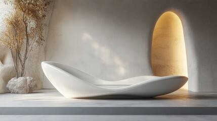 A white podium with a sleek, curved design, placed in front of a smooth, minimalist backdrop