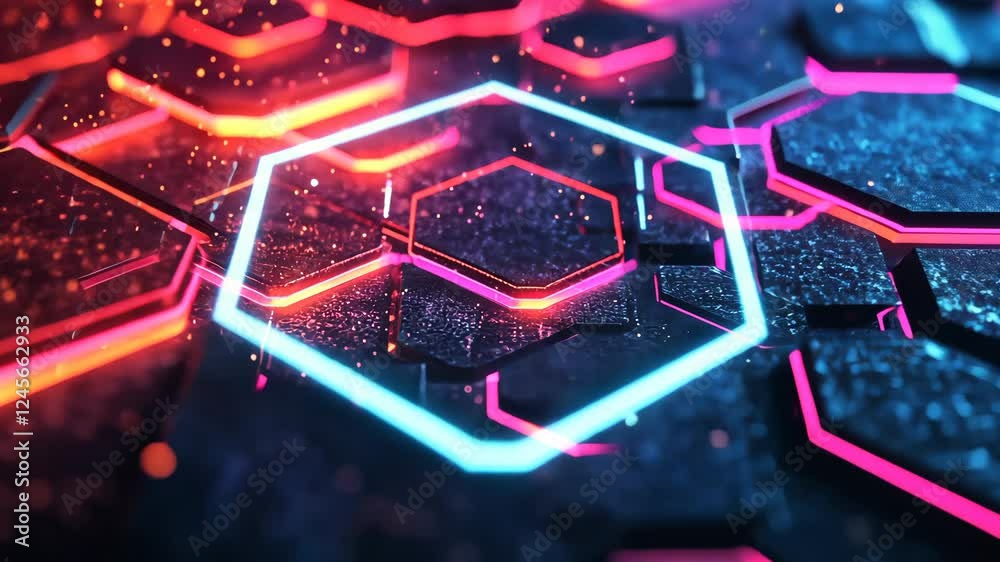 Aufkleber dynamic neon hexagons pulsating with vivid colors in a futuristic grid pattern