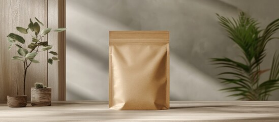 Brown kraft paper pouch mockup standing upright on a wooden surface with soft natural light and greenery in a minimalist setting.