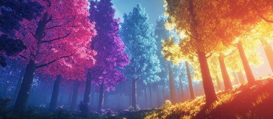 Obraz premium Colorful vibrant forest with pink, blue, and orange trees illuminated by soft light under a bright clear sky creating a tranquil nature scene