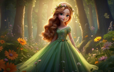A beautiful young girl in full growth in a green dress and with flowers on her head in the forest as a symbol of spring. Silhouette illuminated by the sun. Realistic illustration in horizontal format.