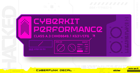 Cyberpunk decal. Vector sticker, label in futuristic style. Inscription Cyberkit Prefomance