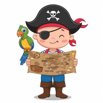 recommend clip art: cute pirate boy with parrot and treasure map illustration