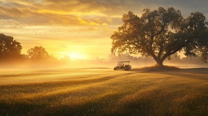 A tranquil early morning scene of a golf course with dew on the grass, a golf cart parked nearby, and a beautiful sunrise illuminating the landscape.