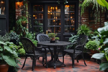 Obraz premium Black and white photo of an iron patio table and chairs on red brick pavers, surrounded by lush green plants, creating a cozy outdoor atmosphere for relaxation.