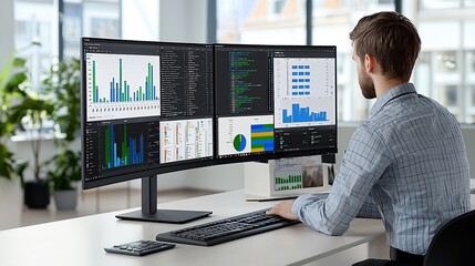 Analyst reviewing data on dual monitors in modern office
