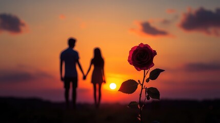 Naklejka premium A silhouette of a couple holding hands at sunset with a red rose in the foreground, symbolizing love, passion, and a perfect Valentine's Day moment