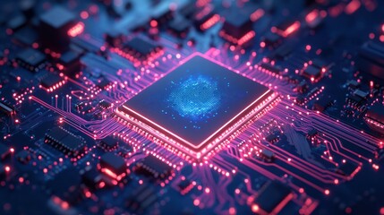 Obraz premium Close-up of a glowing CPU with a digital brain inside.
