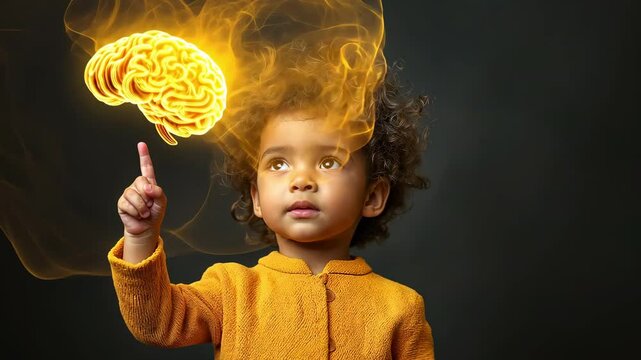 Development of the Baby's Brain: An inquisitive toddler gestures toward a glowing brain graphic