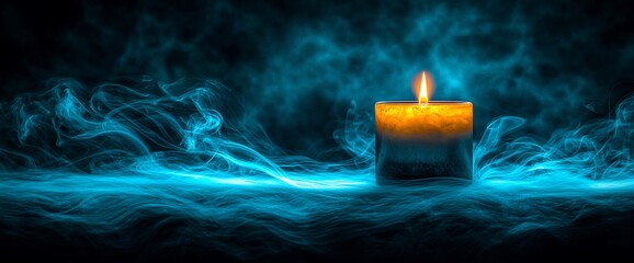 Fototapeta premium Burning candle in blue smoke, dark background