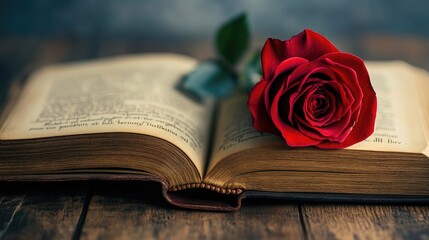 A single red rose placed inside an open book with poetic love words, evoking emotions of romance, nostalgia, and timeless love